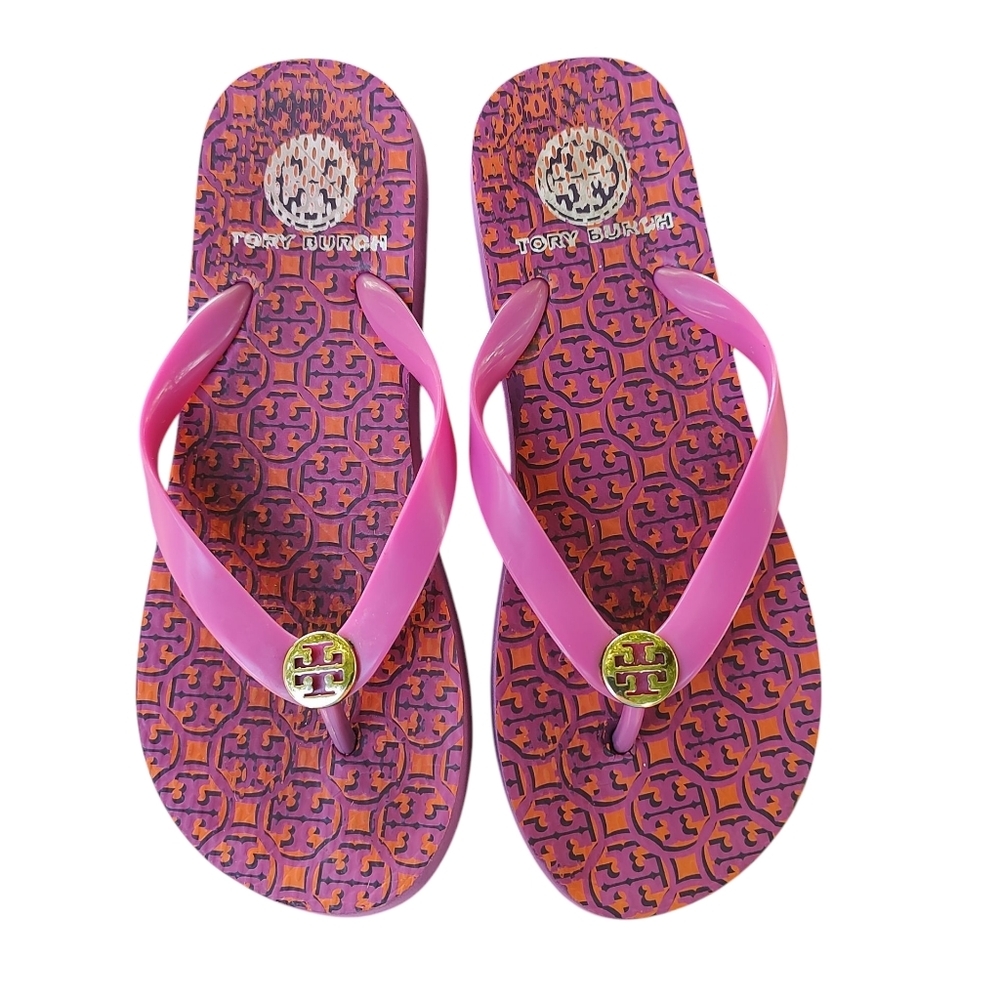 Tory Burch Pink and Orange Logo Flip Flop Sandals